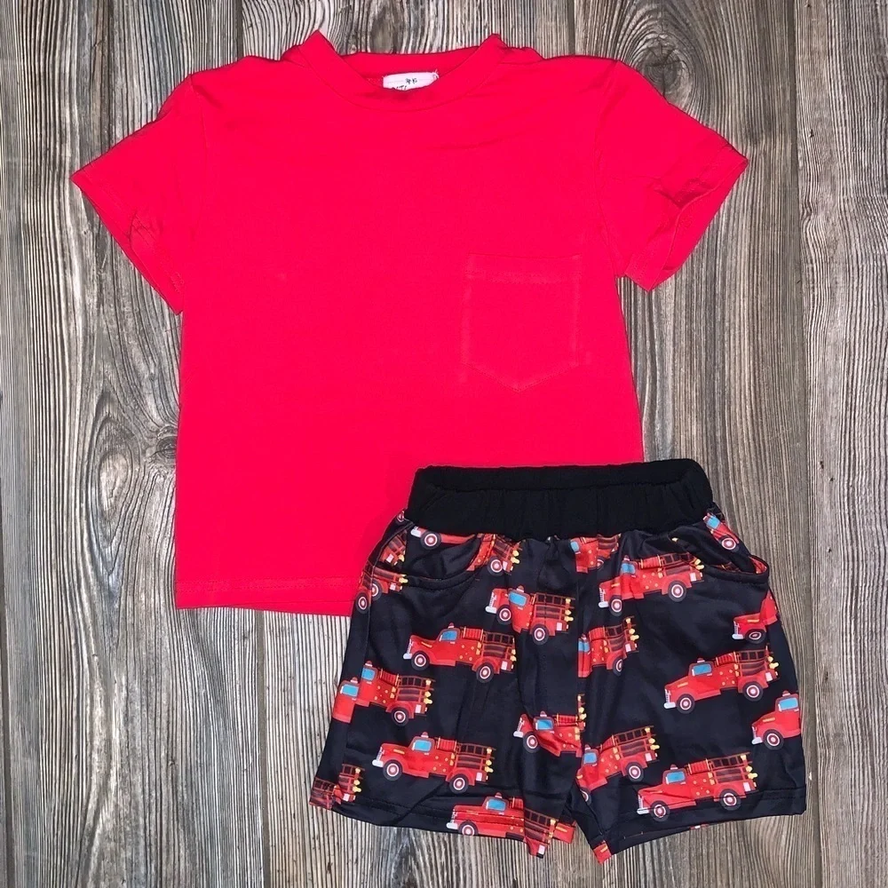 Pete + Lucy Red Tee and Fire Truck Shorts